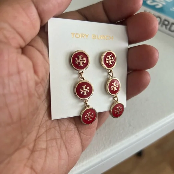 Tory Burch Gold-Tone Red Enamel Triple Drop Logo Earrings - Picture 13 of 13